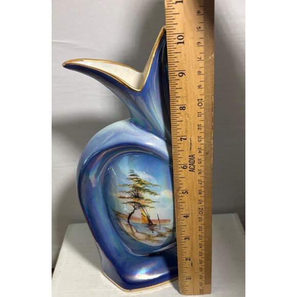 Vintage SCAR Italy Vase Art Deco Blue Iridescent Finish Nautical Sailboat 10" - Picture 4 of 7